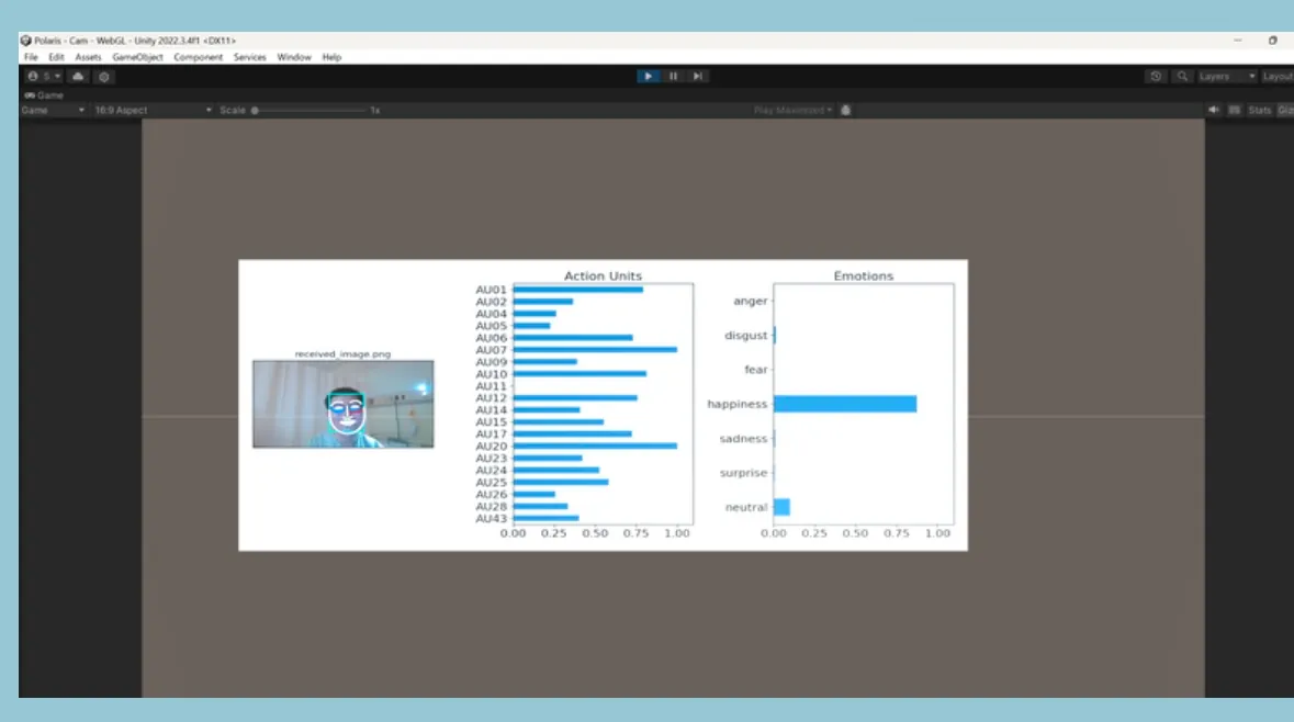Unityの画面が表示されており、画面の左には人の顔の写真、右には分析結果が表示されている。